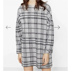 Zara Plaid Mini Lagenlook Cotton Dress With Dropped Puff Long Sleeves